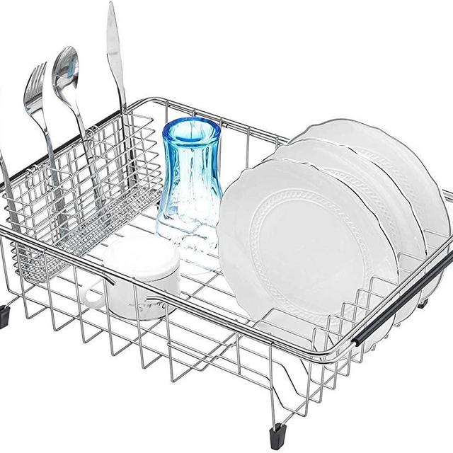 SANNO Expandable Dish Rack, Deep Large Dish Drying Rack with Utensil Cutlery Holder, Dish Drainer Shelf Dish Rack in Sink On Counter with Utensil Silverware Cutlery Holder, Rustproof Stainless Steel