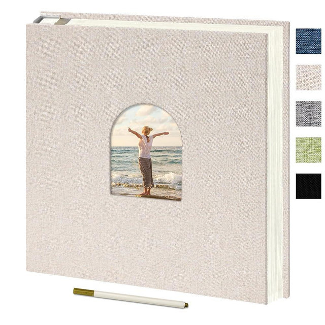 Vienrose 9.84x9.06 Inch Self-Adhesive Photo Album Linen Cover Arch Window Scrapbook Album 40 Pages Blank Inner Page Memory Book with A Metallic Pen, Beige