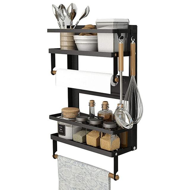 Magnetic Spice Rack,4 Tier Kitchen Magnetic Shelf for Refrigerator with 2 Paper Towel Holders and 5 Removable Hooks,Matte Black