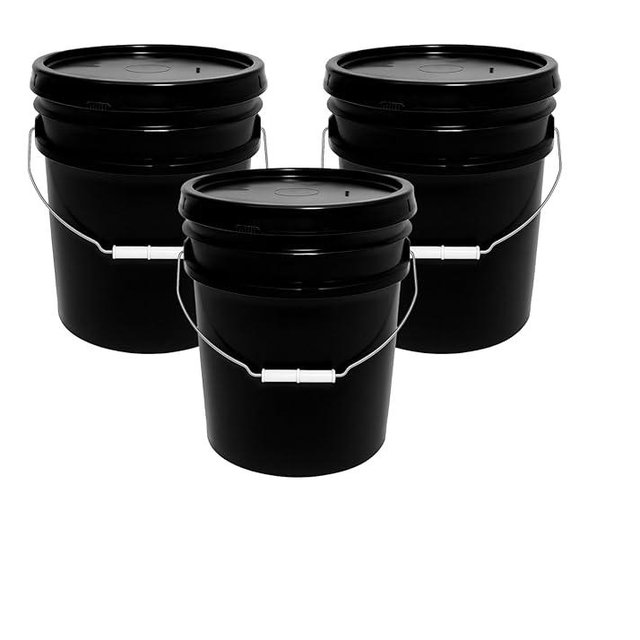 5-Gallon Bucket with Airtight Lid – Heavy-Duty Extra Durable Pail – Made in USA – Premium Quality HDPE – Food Grade – BPA Free – Metal Handle with Plastic Grip – Stackable – Multi-Use – Black, 3 Pack