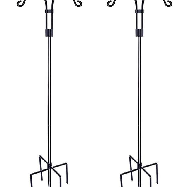 Double Shepherds Hooks for Outdoor, 2-Pack Heavy Duty Two Sided Garden Pole for Hanging Bird Feeder, Plant Baskets, Solar Light Lanterns, Garden Plant Hanger Stands with 5 Base Prongs