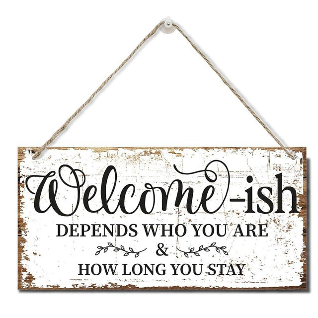 Funny Welcome-ish Hanging Wooden Plaque Decor Sign Outdoor, Welcome Sign for Front Door Printed Wood Plaque, Country Wall Decor Sign Gift, Rustic Farmhouse Wall Decor For Porch Décor 12" x 6" C