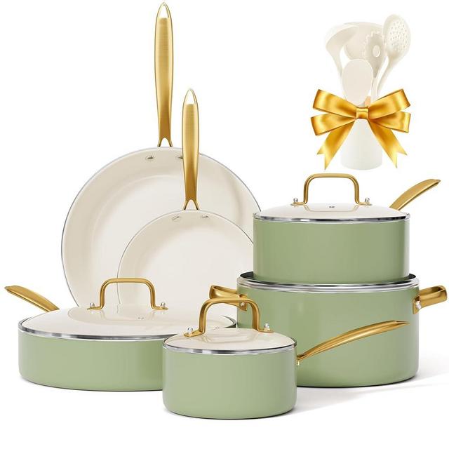 Pots and Pans Set Non Stick - VONIKI Ceramic Cookware Set with Cooking Utensils Set, Non Toxic Kitchen Cookware Sets Dutch Oven Pot with Lid Saucepan Set Sauté Pan Frying Pan Set for Cooking Gifts