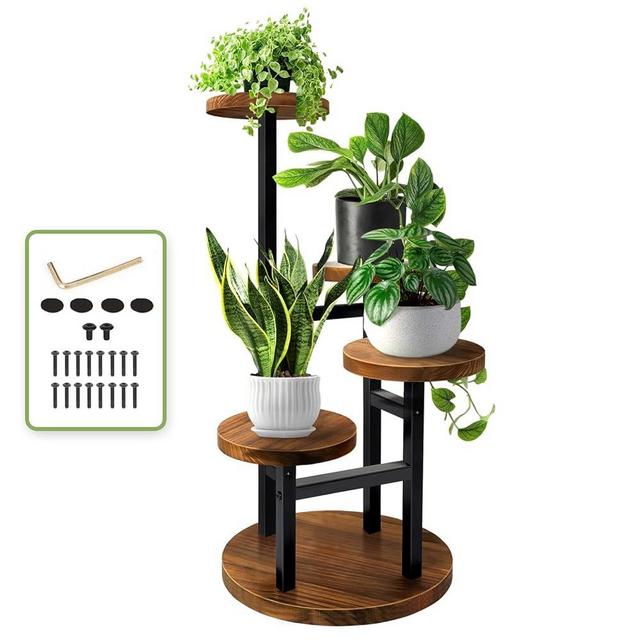 AUGOSTA 4 Tier Corner Plant Stand, Tall Metal Wood Plant Shelf Holder for Indoor, Outdoor Display Rack Flower Pot Stand for Living Room Balcony Garden Patio