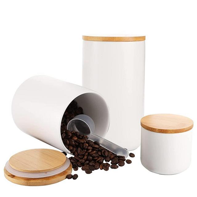 YOUEON 3 Pack Kitchen Canisters with Airtight Bamboo Lids, 42/30/9 Oz Ceramic Food Storage Jar with Spoon and Stickers, Flour and Sugar Containers for Coffee, Cereal, Tea, Flour, Bean, White