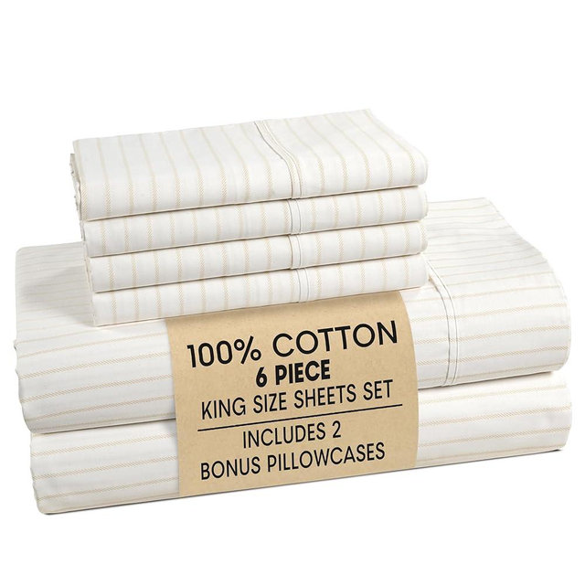 Casa Platino Sheets for King Size Bed – 100% Cotton Sheet Set King Crisp Percale Weave with 4 Pillowcases, with 15" Deep Pocket Fitted Sheet for Secure Fit, Ultra Soft & Breathable – Sandora
