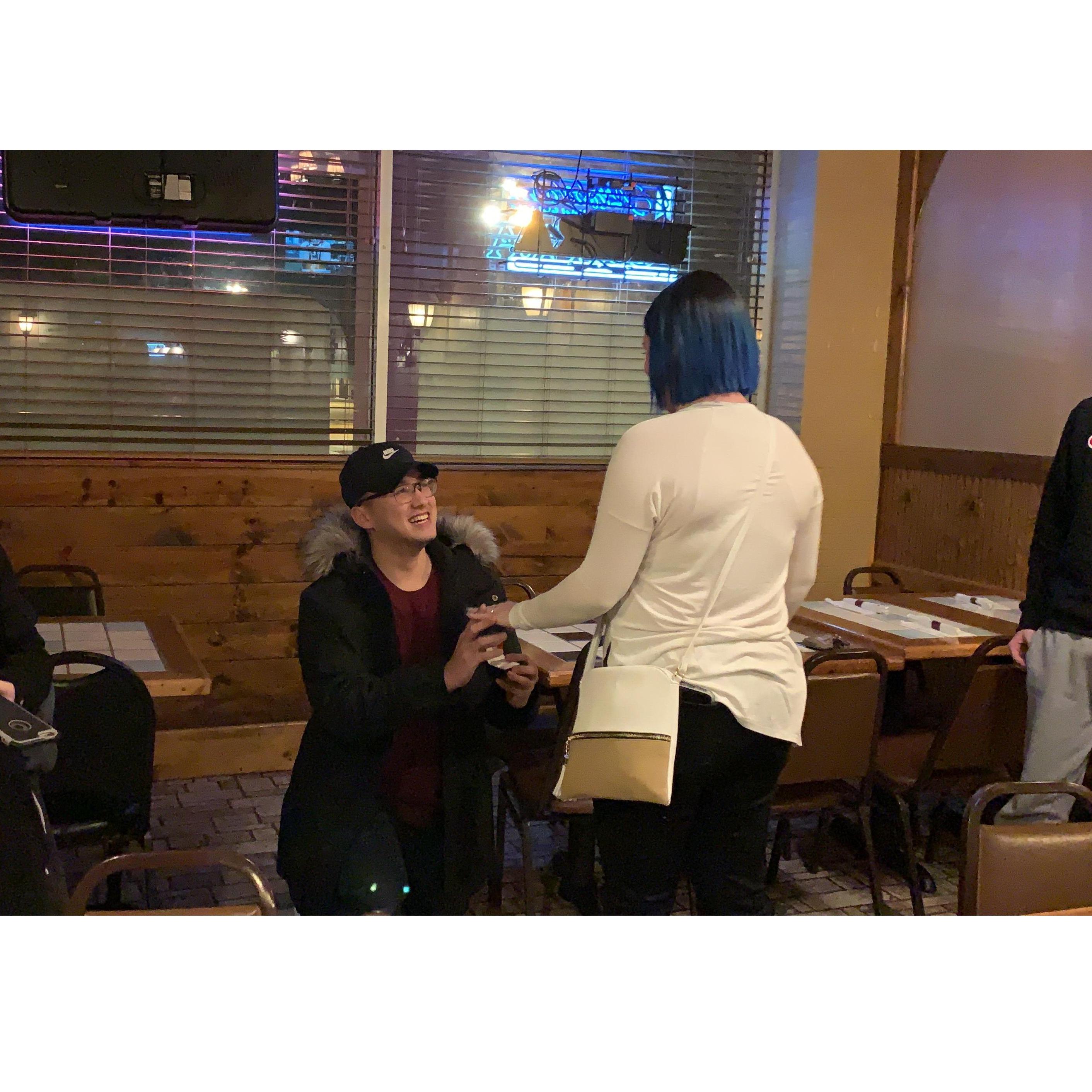 Chandler had proposed in front of Haylee's family in the front part of Tequilas restaurant.