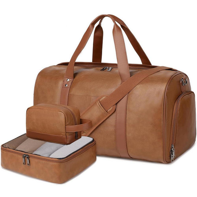 Wogarl 3PCS Faux Leather Weekender Bag for Women Men Large Overnight Bag Travel Duffel Bag with Shoe Compartment Toiletry Packing Cube Carry On Bag Fit 21" Laptop(Light Brown)