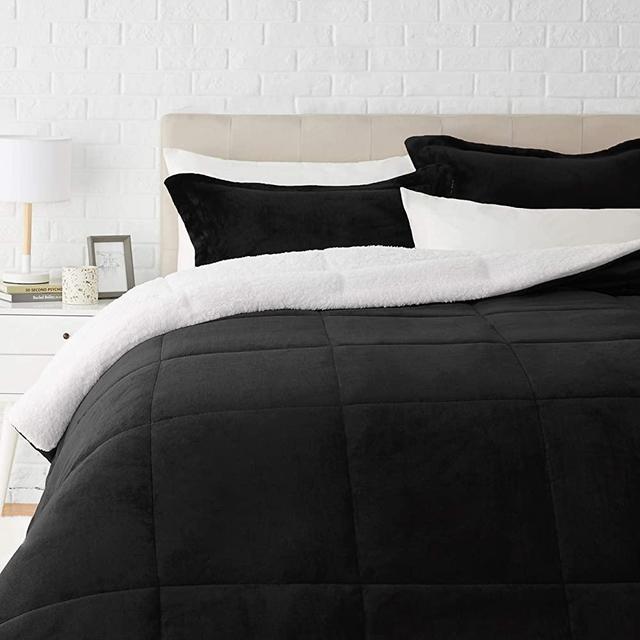 Amazon Basics Ultra-Soft Micromink Sherpa Comforter Bed Set - Black, Full/Queen