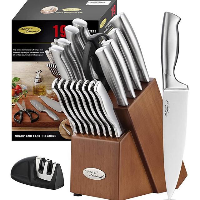 Marco Almond MA22 Knife Sets, 19 Pieces Stainless Steel Hollow Handle Kitchen Knives Block Set