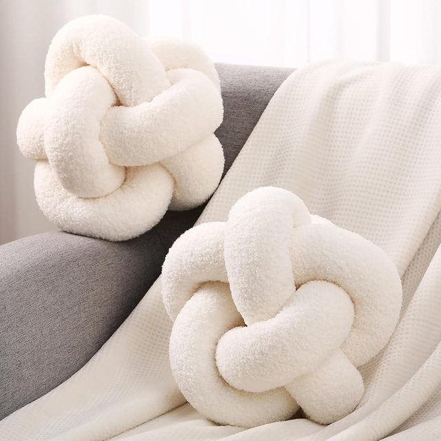 Beeveer 2 Pcs Knot Pillow Ball 12 Inch Soft Decorative Teddy Boucle Knot Throw Pillows for Home Bed Couch Living Room Decor(Ivory)