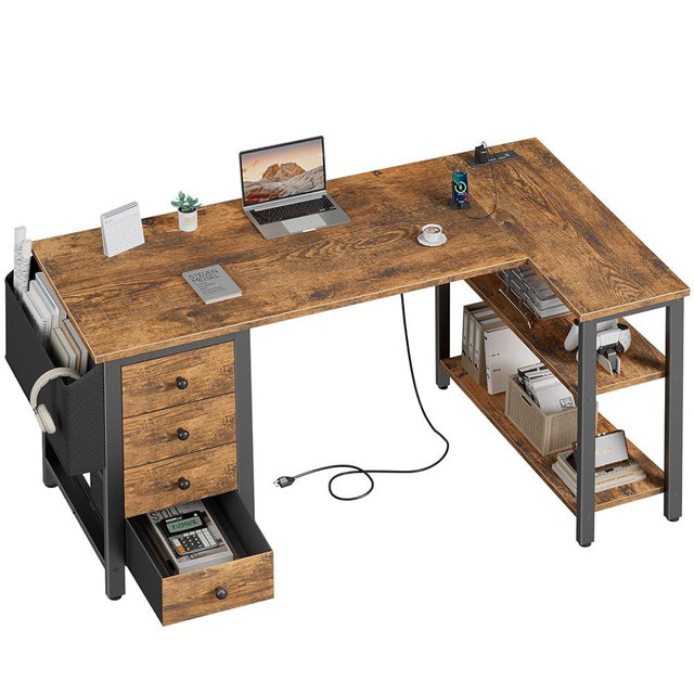 DLisiting L Shaped Computer Desk with Drawers - 47 Inch Corner Office Reversible Desk with Storage Shelves Power Outlet, Home Office Desks L-Shaped with Fabric Drawer for Teen Girls, Rustic Brown