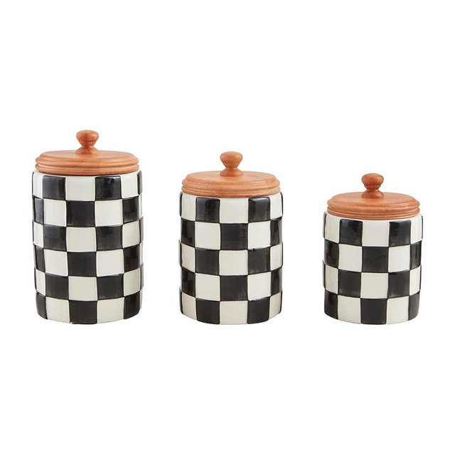 Mud Pie Checkered Canister Set; small 6 3/4" x 4 1/2" x dia | medium 7 3/4" x 4 3/4" dia | large 8 3/4" x 5" dia