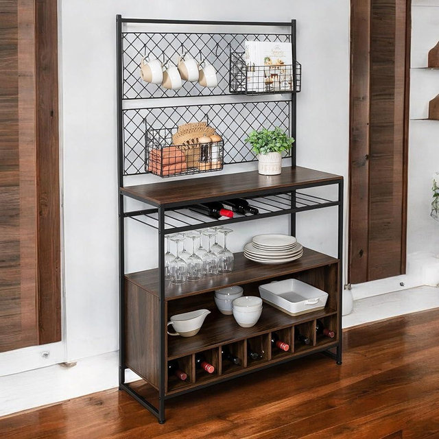 Honey-Can-Do Kitchen Bakers Rack, Coffee Bar Table 4 Tiers, Kitchen Microwave Stand with 6 S-Shaped Hooks, Kitchen Storage Shelf Rack for Spices, Pots and Pans - Rustic Brown