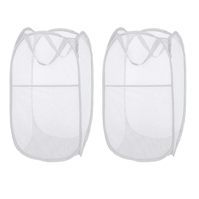 Larpur Pop Up Laundry Hampers, Portable Mesh Laundry Baskets, Collapsible Clothes Laundry Bin for Bedroom, Travel, Bathroom, College Dorm, White - 2 Pack