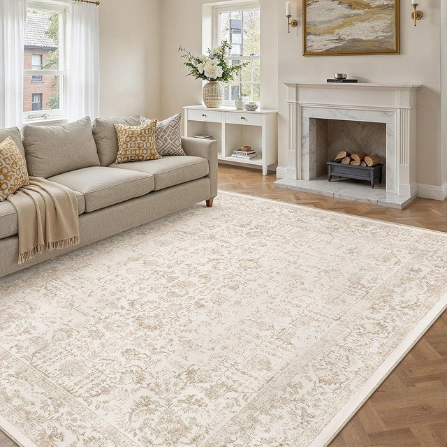 PureCozy Beige Area Rug 8x10 Machine Washable Large Vintage Living Room Distressed Non Slip Carpet Traditional Indoor Bedroom Retro Floral Accent Throw Rug for Office Kitchen Dining Room