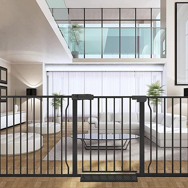 HOOOEN Extra Wide Baby Gate Extra Wide Pet Dog Gates for Stairs Doorways Black Metal Tension Indoor Safety Gates with Pressure Mount 71.5-76.38 Inch