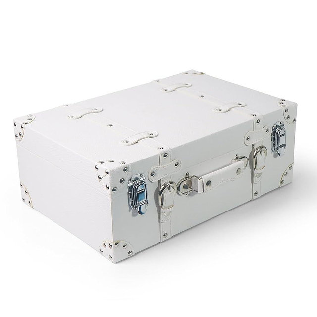 DreamsEden Decorative Wooden Treasure Chest, Vintage Suitcase Storage Box with Lid Pirate Keepsake for Gifts, White Leather (White)