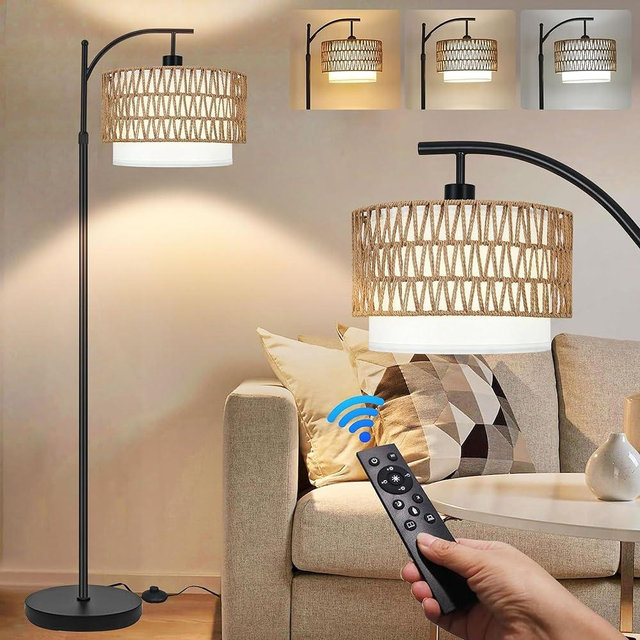 Arc Floor Lamp for Living Room with 3 Color Temperatures,Rattan Boho Floor Lamp with Remote Control,Black Dimmable Standing Lamp with Wicker Lamp Shades,Farmhouse Rustic Tall Lamp for Bedroom Corner