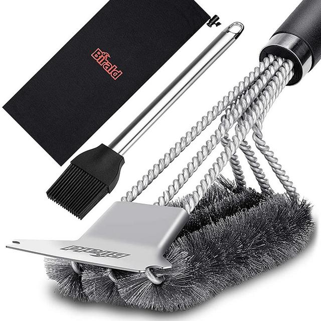 Birald Grill Brush and Scraper - Extra Strong BBQ Cleaner Accessories - Safe Wire Bristles 18" Stainless Steel Barbecue Triple Scrubber Cleaning Brush for Weber Gas/Charcoal Grilling Grates