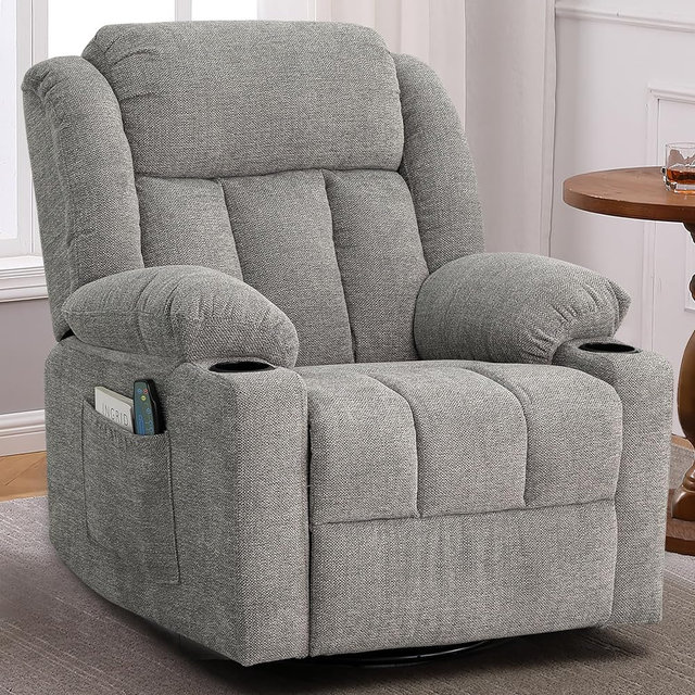 Ketaiyou Rocker Swivel Recliner Chair for Adults, Overstuffed Large Manual Recliner Glider with Massage and Heat, Comfy Soft Fabric Living Room Reclining Sofa Chair (Lime Gray1)