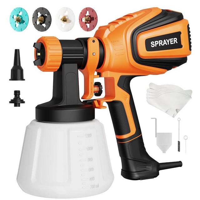 VONFORN Paint Sprayer, 700W HVLP Spray Gun with Cleaning & Blowing Joints, 4 Nozzles and 3 Patterns, Easy to Clean, for Furniture, Cabinets, Fence, Walls, Door, Garden Chairs etc. VF803 Orange