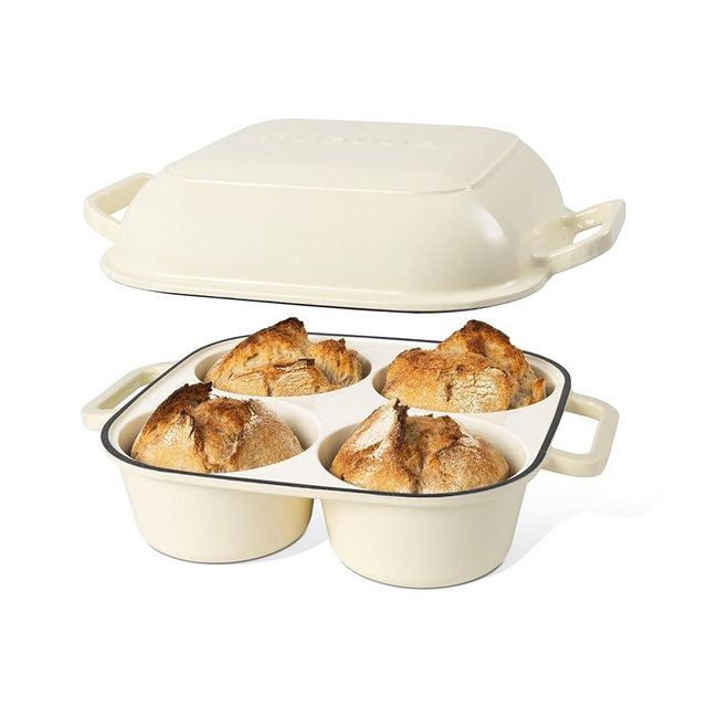 QuadPro Enamelled Cast Iron Bread Loaf Pot – Dutch Oven for Sourdough Bread Baking – 500°F Oven Safe Non Stick Bread Pot – 4 Round Loaf Spaces (4.90-inch Diameter), Cream – by Nuovva