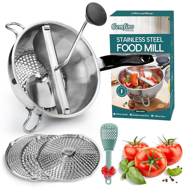 Stainless Steel Food Mill With 3 Milling Discs,Ergonomic design Rotary hand crank Food Mills For Tomato Sauce,Potatoes,Jams,canning, Dishwasher Safe,Includes Multifunctional Spoon,Blue D