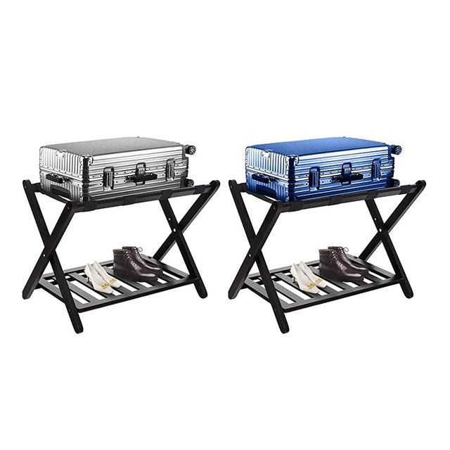 Smart FENDEE Fully Assembled Luggage Racks Pack of 2, Folding Suitcase Rack 2 Tier Luggage Stands, Bamboo Suitcase Stand Luggage Holders for Guest Room, Bedroom, Hotel (Espresso)