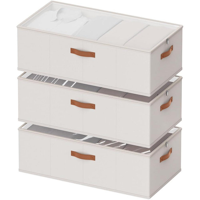 Chizjox 10inch 3 Pack Under Bed Storage Containers, 10 Inch Tall Underbed Clothes Storage Organizer Bin with Clear Window，Foldable Box Basket for Clothes, Closet, Bed Sheets and Blankets White
