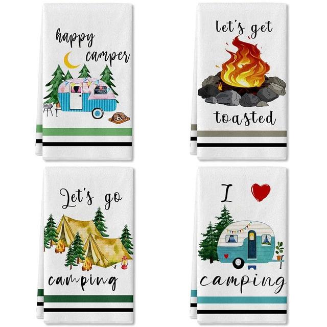 Camping Kitchen Towels Set of 4 Dish Towels Kitchen Hand Towels Kit Printed with Funny Sayings Novelty Gifts for Campers Happy Camper Camping Tent Pine Tree Farmhouse RV Decor Sign Home Decorations