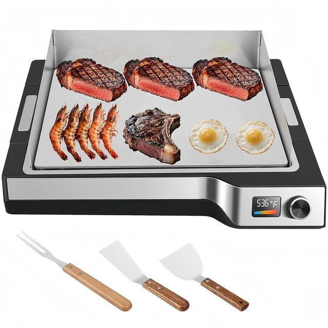 Besococina Electric Griddle 536°F Max Temp, Electric Grill Indoor Outdoor 14", Dishwasher-Safe Indoor electric skillet, Nonstick Flat Top Grill 5mm Stainless Steel Plates, Spatula & Fork