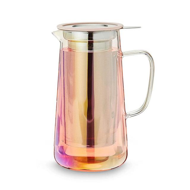Pinky Up Annika Glass Teapot & Infuser, Hot Iced Tea Maker, Teapot, 33 Ounce Loose Leaf Infuser, Iridescent, Set of 1, Pink