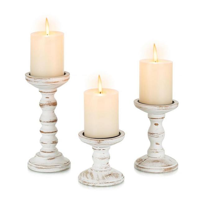 Candeldo Wood Candle Holders for Pillar: Rustic Candles Holder Set of 3 Tall Table Centerpiece Decor Wooden White Farmhouse Decorations for Fireplace Mantle
