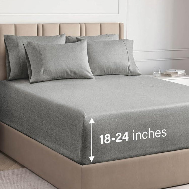 Extra Deep King Sheet Set - 6 Piece Breathable & Cooling Sheets - Hotel Luxury Bed Sheets Set - Easy Fit - Soft, Wrinkle Free & Comfy Sheets Set - Heathered Grey Sheet Set w/Extra Deep Pockets