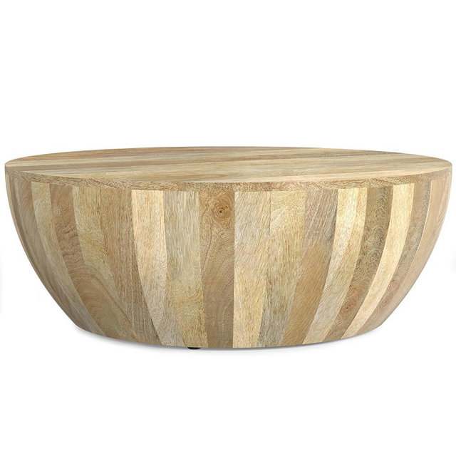 SIMPLIHOME Elmbrook Coffee Table - 34 inch Wide Solid Mango Wood Modern Industrial Round Drum Cocktail Table in Natural, Sculptural Living Room Table with Low Profile Design, Assembled