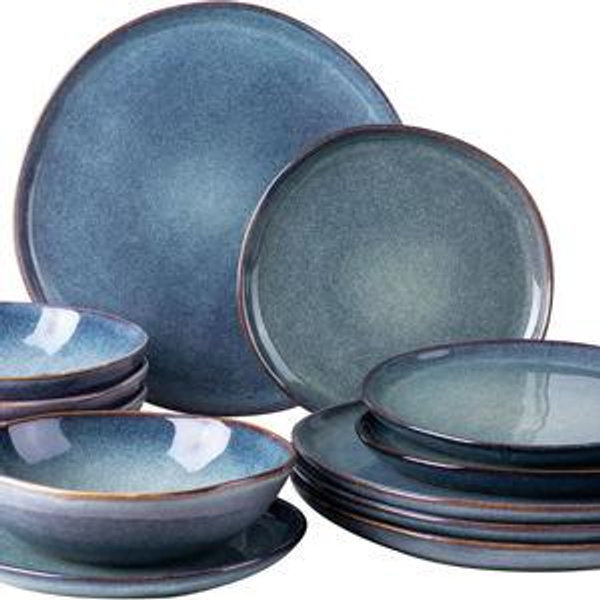AmorArc Ceramic Dinnerware Sets,Handmade Reactive Glaze Stoneware Plates and Bowls Set,Highly Chip and Crack Resistant | Dishwasher & Microwave Safe,Service for 4 Dishes Set - Reactive Blue(12pc)