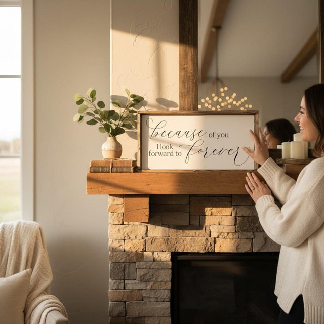 Because of You I Look Forward to Forever Sign - Romantic Master Bedroom Wall Decor - Wooden Farmhouse Wedding Gift for Couple