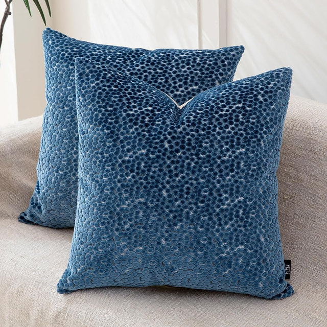 FIFU 20x20 Inch Throw Pillow Cover Set of 2 - Jacquard Velvet Cut-Pile with Linen-Look Back, Invisible Zipper, Soft Decorative Cushion Case for Couch Sofa Bedroom Living Room, Machine Washable, Blue