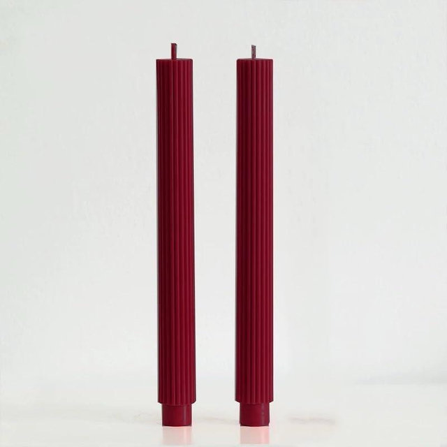 PAMELIFE 2 Pack | 10" Premium Unscented Ribbed Wick Taper Candles, Tall Ribbon Wax Dinner Unscented Modern Home Décor Soy Wax Handmade 12 Hours candlesticks (Burgundy)