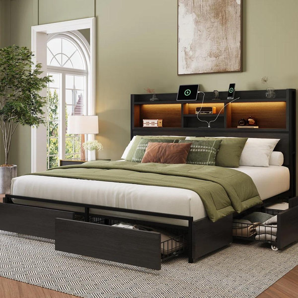 King Size Bed Frame With 6 Storage Drawers & Headboard, Platform Bed With Led Lights & Charging Station, Black - Black, King