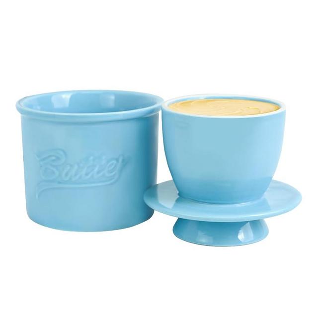 MSJGA Butter Crock for Counter with Water, French Butter Keeper for Spreadable Butter Ceramic Butter Dish with Lid for Countertop, Butter Container Holder, Home Kitchen Decor (Blue, M)