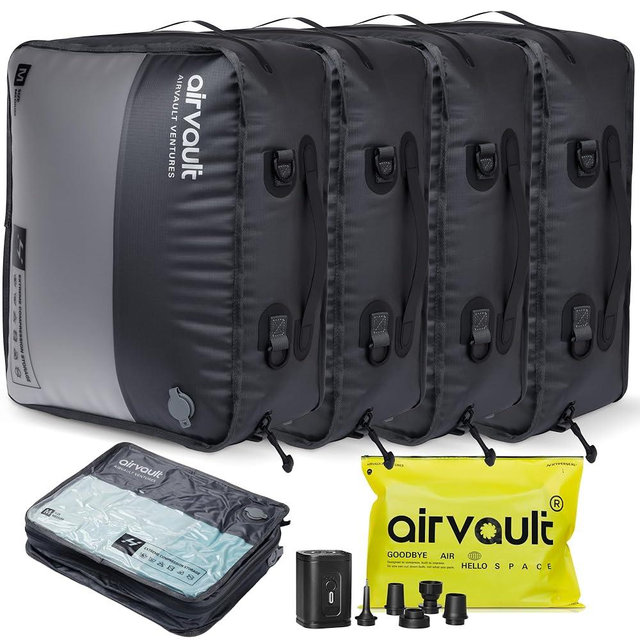 AirVault Reusable Vacuum Compression Travel Bag for Carry-On Suitcase and Backpack, Recycled IP67 Waterproof Space Saver Vacpack (21L (4-Pack))