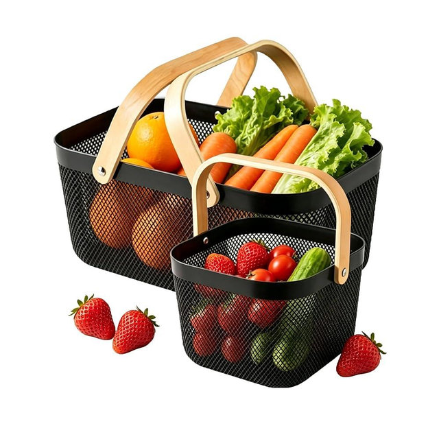 2 Pack Storage Baskets, Hollow Woven Organizer with Foldable Handle, Portable Rectangular Basket Bin for Bathroom Bedroom Kitchen Laundry Snacks Toys Sundries Organizing-Black
