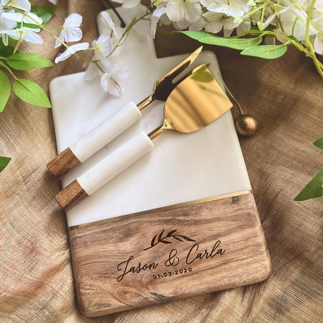 Personalized Marble Wood Cutting Board with Coaster, Wedding Gift, Custom Name Cutting Board, Engagement Gift, Bridal Shower Gift For Her