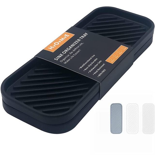 HvOvMvE Silicone Organizer Tray, Soap and Sponge Holder for Kitchen Sink, Bathroom - Storage Tray for Dish Brush, Soap Dispenser, Dishwashing Accessories- 2 Pack Black