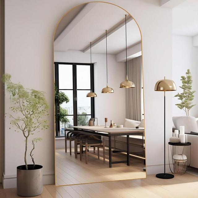 ZHUNFA Arched Full Length Mirror, 76''×34'' Oversized Full-body Mirror with Stand, Standing Mirror Hanging or Leaning, Living Room, Bedroom, Gym, Aluminum Alloy Frame-Gold