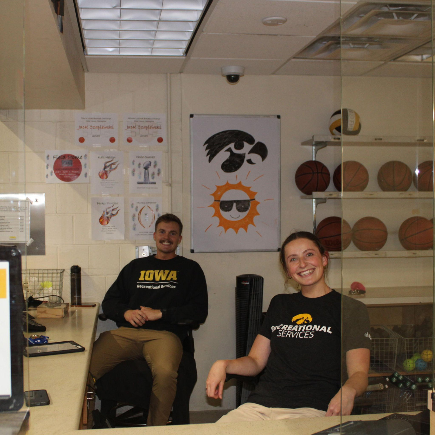 We met working front desk at the Iowa Fieldhouse and enjoyed staying after-hours to shoot hoops.