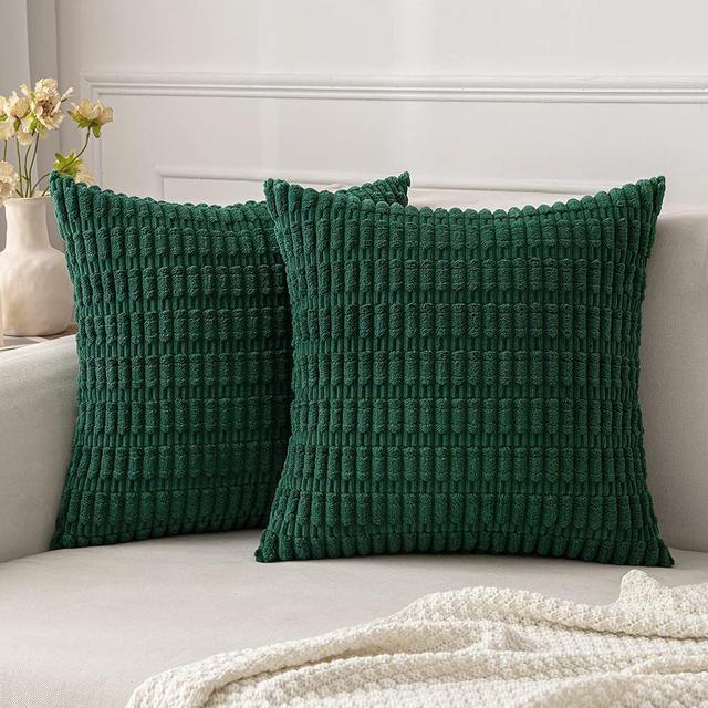 MIULEE Pack of 2 Dark Green Corduroy Decorative Throw Pillow Covers 18x18 Inch Soft Boho Striped Pillow Covers Modern Farmhouse Home Decor for Christmas Sofa Living Room Couch Bed