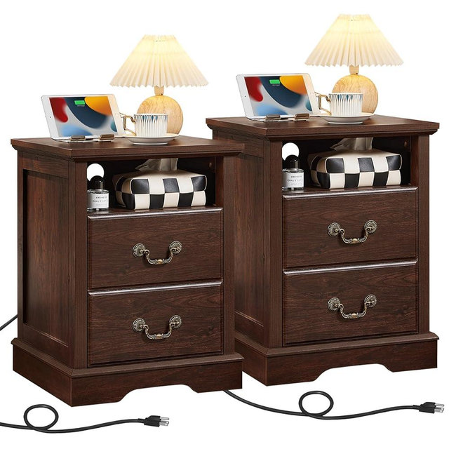 Senfarime 2PCS Farmhouse Nightstands with Charging Station,18" End Table with 2 Drawers,Farmhouse Nightstand with Vintage Handles, Bedside Cabinet for Bedroom, Living Room,Walnut
